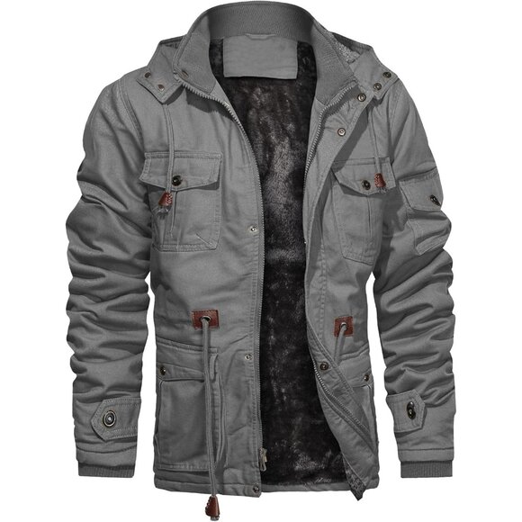 Mens Light Gray Thick Winter Jacket Hooded Fleece Lined Cotton Military Coat - Picture 1 of 6